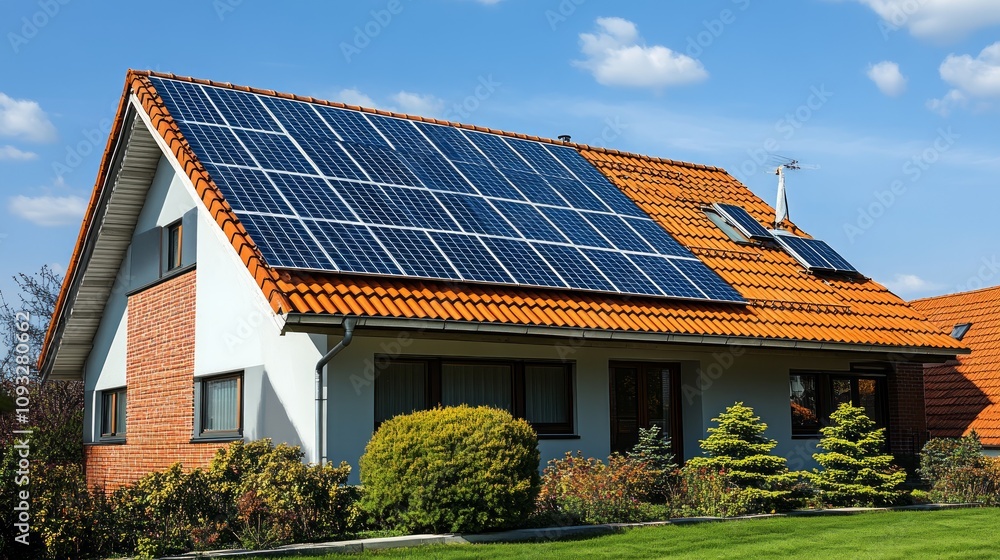 House with solar panels on roof, sunny day. House with solar panels on roof, sunny day.