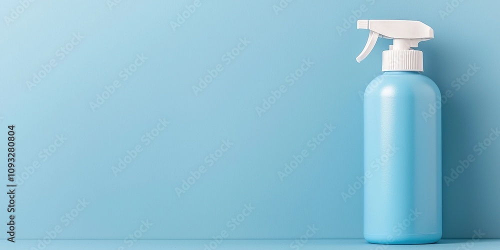 Blue spray bottle on a minimalistic blue background for cleaning or cosmetics. Blue spray bottle on a minimalistic blue background for cleaning or cosmetics.