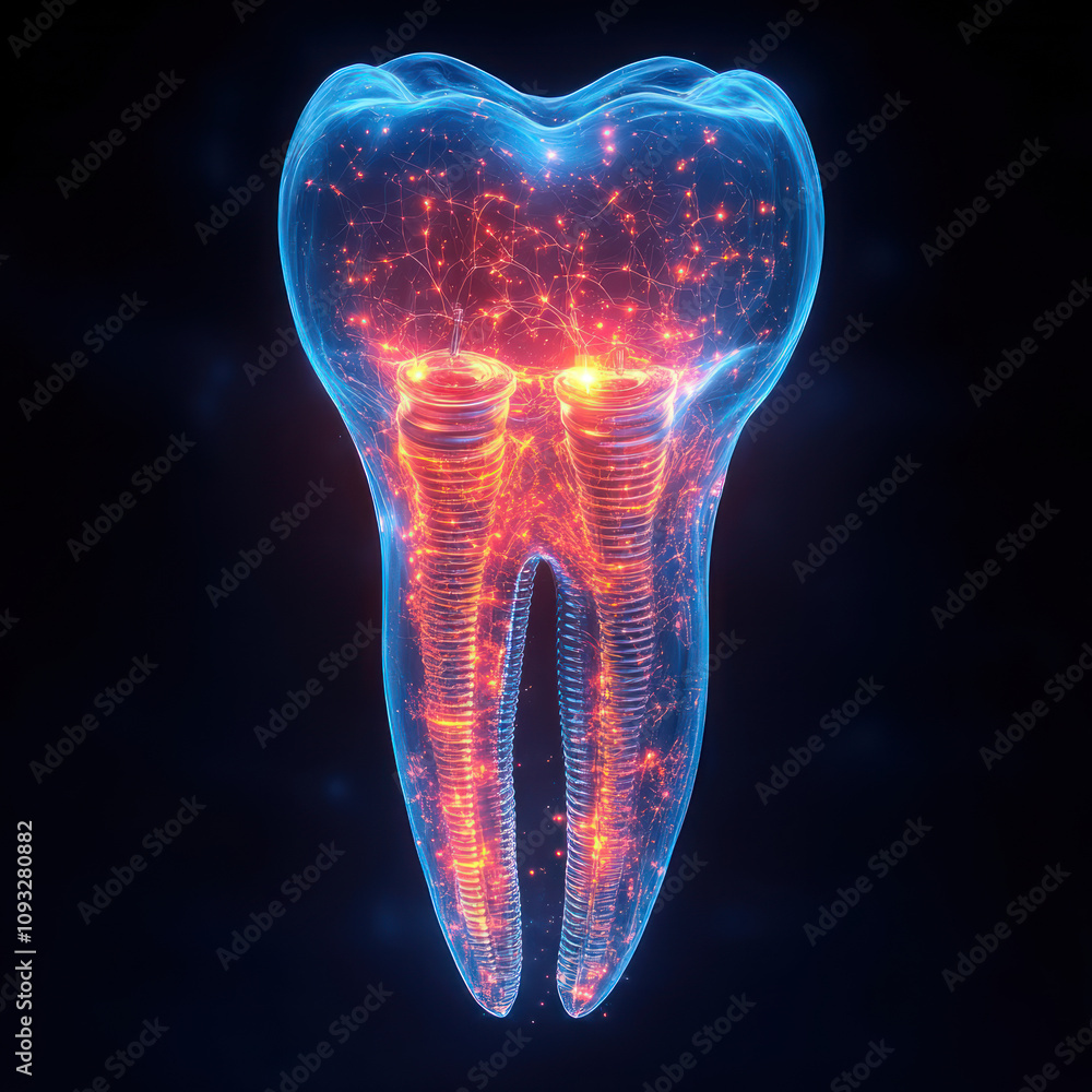 High-tech digital illustration style visual of a tooth, with an emphasis on its internal structure. High-tech digital illustration style visual of a tooth, with an emphasis on its internal structure.