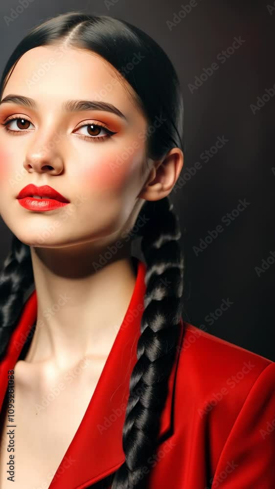 Young woman poses in red jacket with braids afternoon photoshoot Young woman poses in red jacket with braids afternoon photoshoot