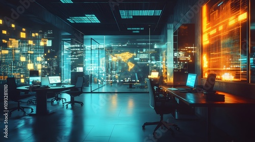 A hybrid coworking environment integrating wearable devices for 3D glowing task coordination and 2D animated insights. 4k resolution, Cinematic Scene