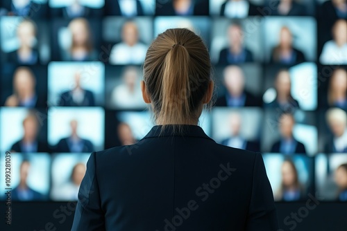 future business meeting technology concept, A person in formal attire views a grid of multiple screens displaying various individuals, suggesting a virtual meeting or conference environment.