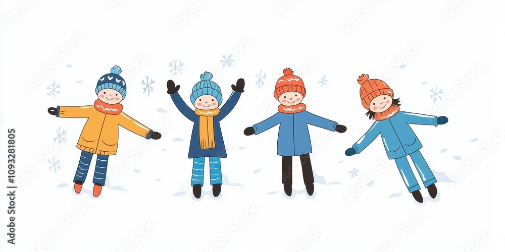 Fototapeta premium Children playing in the snow, enjoying winter with laughter and snowflakes around them.