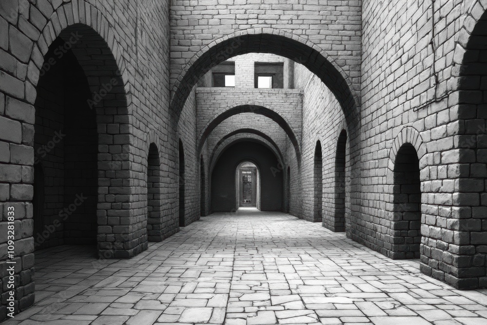 Architectural hallway with stone arches in monochrome