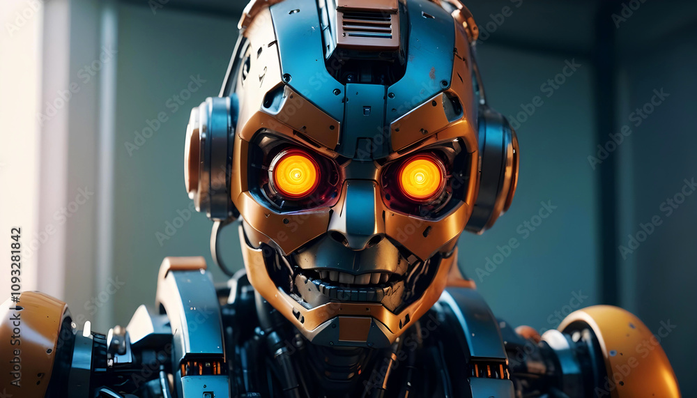 Portrait of a futuristic robot with glowing eyes and angry looks Portrait of a futuristic robot with glowing eyes and angry looks