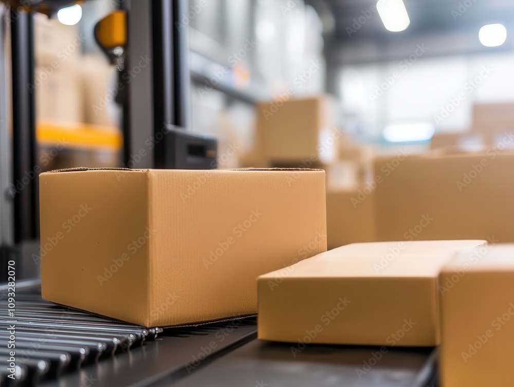 Factory interior with automated packing machines loading frozen foods into cartons Factory interior with automated packing machines loading frozen foods into cartons
