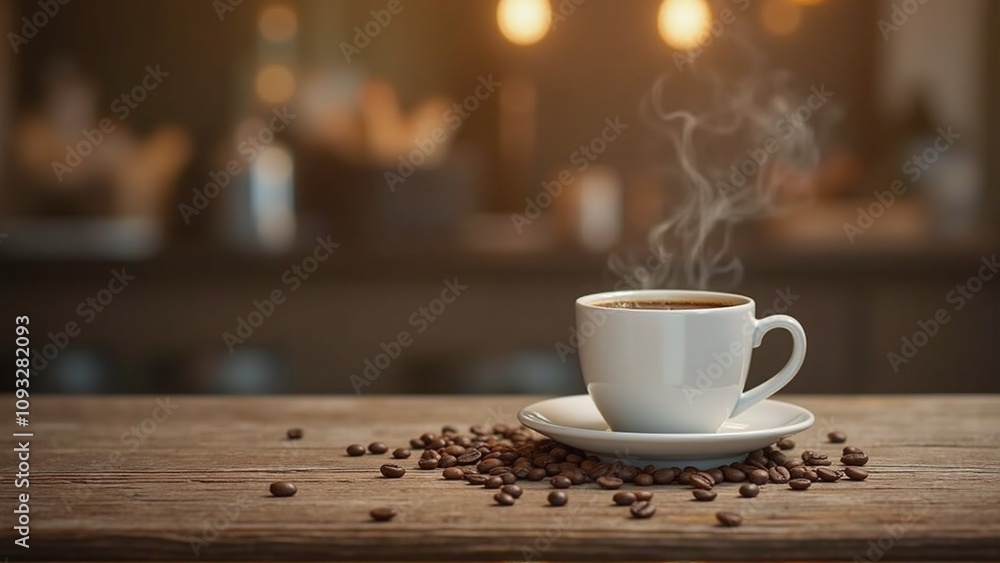 Mock-up with an attractive coffee cup on a rustic wooden table Mock-up with an attractive coffee cup on a rustic wooden table