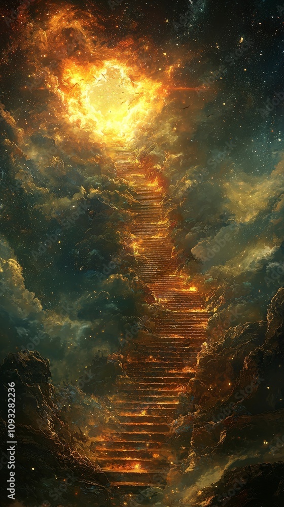 A dramatic staircase of fire winds upward through fiery celestial clouds, representing a journey into an intense and passionate realm of abstract wonder. A dramatic staircase of fire winds upward through fiery celestial clouds, representing a journey into an intense and passionate realm of abstract wonder.