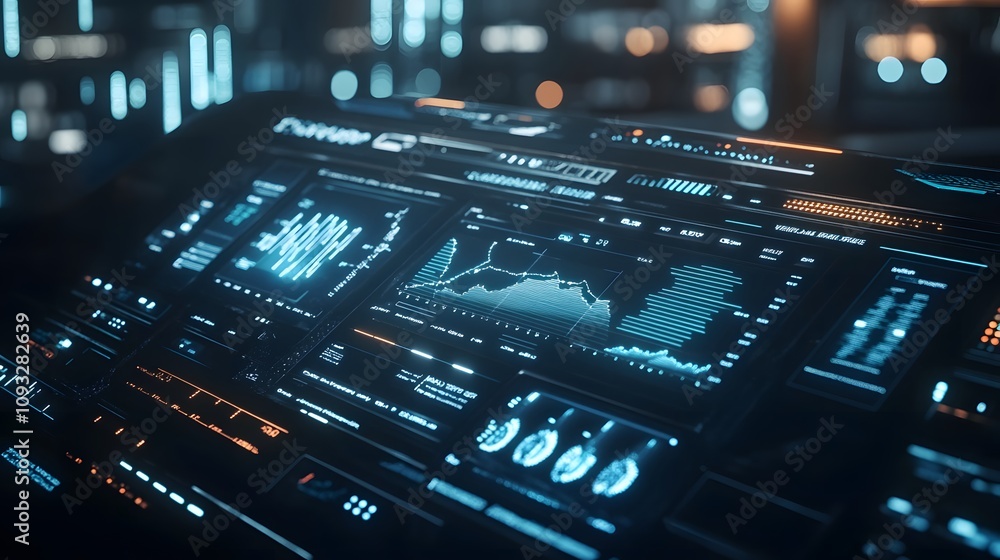 A modern desk with AI-driven holographic tools displaying 3D data trends and 2D reminders. 4k resolution, Cinematic Scene A modern desk with AI-driven holographic tools displaying 3D data trends and 2D reminders. 4k resolution, Cinematic Scene