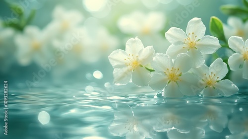 A serene image of white flowers reflecting on a tranquil water surface.