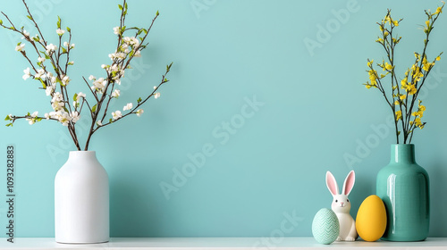Decorative vases with spring flowers and Easter eggs on shelf