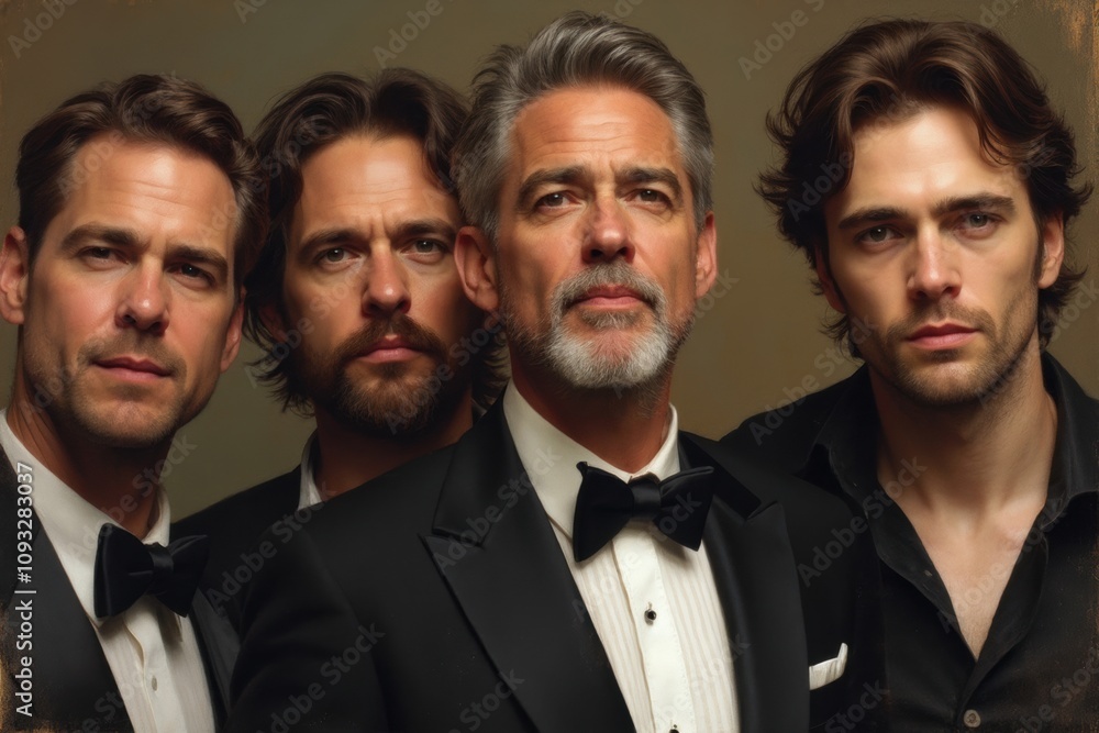 Four distinguished men in tuxedos posing for a portrait Four distinguished men in tuxedos posing for a portrait