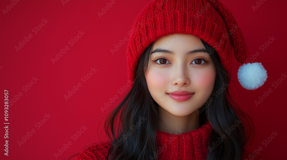 Beautiful asian woman, cosmetology, beauty, festive makeup, Merry Christmas and Happy New Year, banner with copy space Beautiful asian woman, cosmetology, beauty, festive makeup, Merry Christmas and Happy New Year, banner with copy space