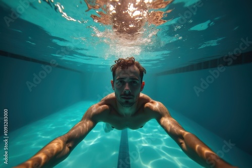 Young man swimming underwater in a clear pool