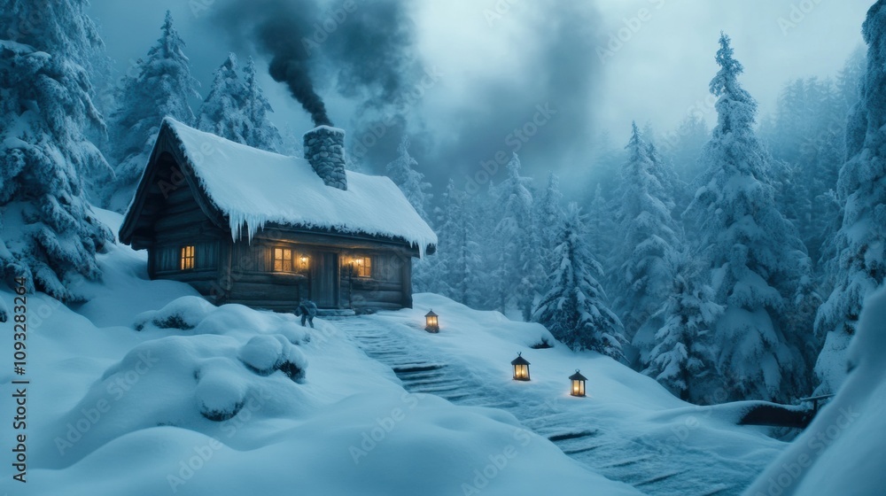 Cozy cabin nestled in a snowy forest with glowing lanterns lighting the path, AI