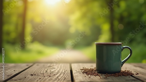 Rustic coffee mug placed on a wooden table against