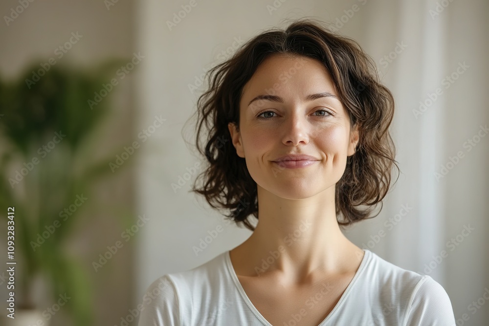 Smiling woman with short hair in casual top indoors Smiling woman with short hair in casual top indoors