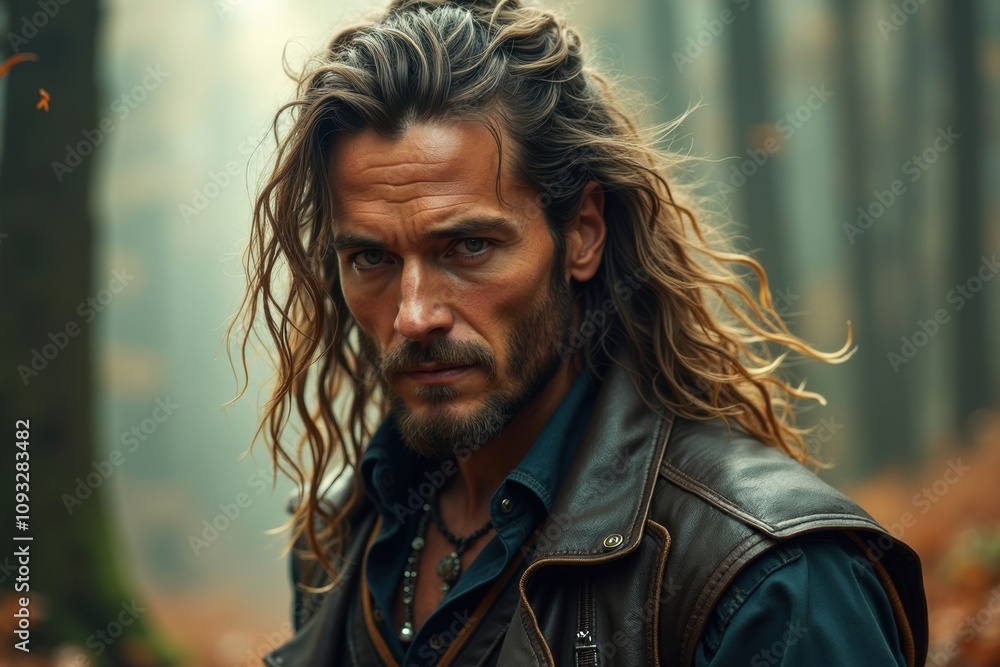 Intense man with long hair in a misty forest Intense man with long hair in a misty forest