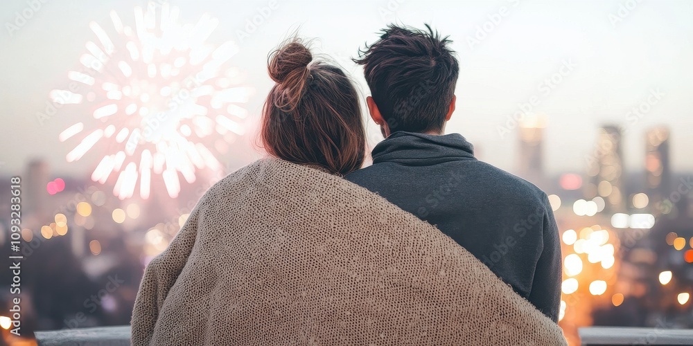 Couple enjoying fireworks over city skyline wrapped in a cozy blanket, celebrating together. Couple enjoying fireworks over city skyline wrapped in a cozy blanket, celebrating together.