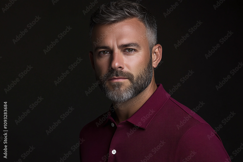 A designer in burgundy polo with trimmed beard, perfect studio lighting setup. A designer in burgundy polo with trimmed beard, perfect studio lighting setup.