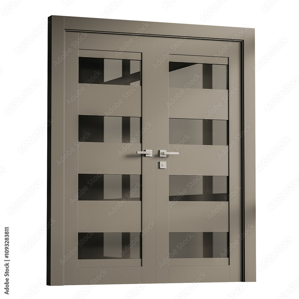 A door with a silver frame and glass panels
