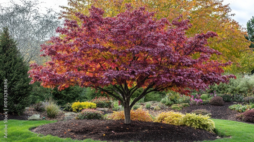 Naklejka premium Autumnal Splendor: A Crimson Japanese Maple Tree in a Garden Setting