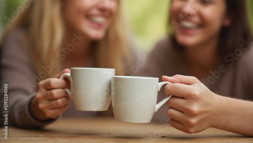 Mock-up two coffee cups clink in a toast
