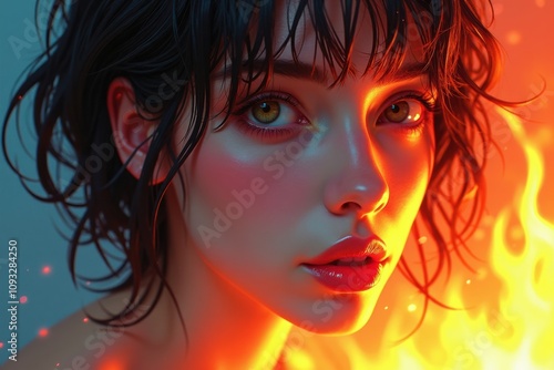 Close-up of a woman with glowing skin against a fiery backdrop