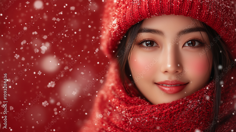 Beautiful asian woman, cosmetology, beauty, festive makeup, Merry Christmas and Happy New Year, banner with copy space Beautiful asian woman, cosmetology, beauty, festive makeup, Merry Christmas and Happy New Year, banner with copy space