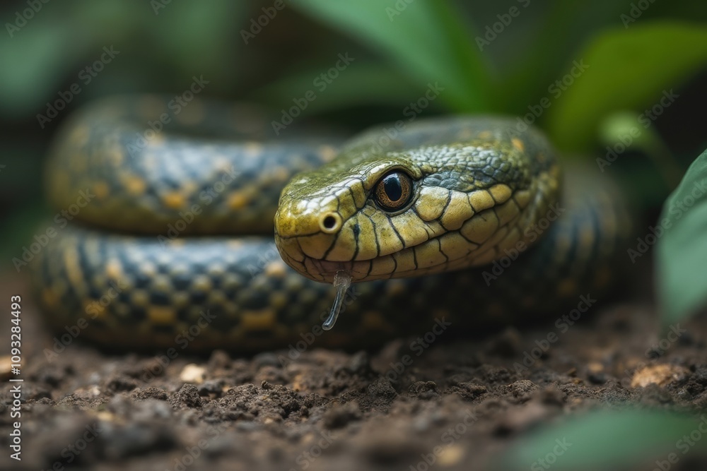 Close-up of a vibrant green snake in a natural habitat Close-up of a vibrant green snake in a natural habitat
