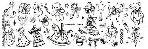 Christmas traditional vintage toys set, New Year hand drawn kids present vector doodles, teddy bear. Holiday retro baby horse, gifts car, ribbon bow, winter holy star, party hat. Christmas toys decor