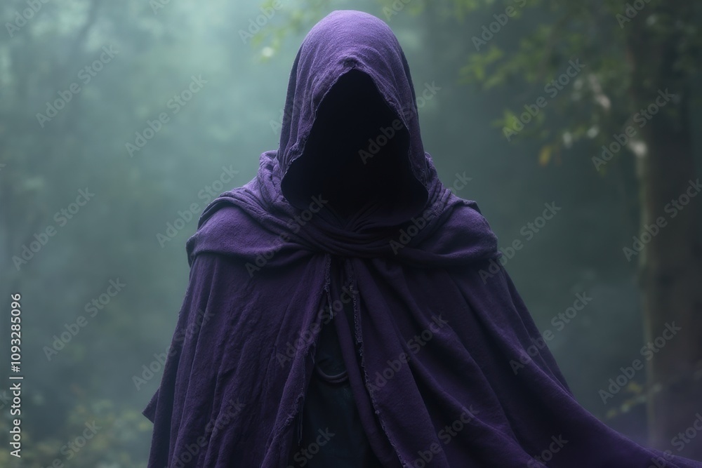 Mysterious purple hooded figure in a foggy forest Mysterious purple hooded figure in a foggy forest