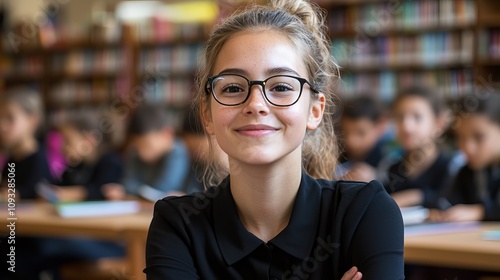 A cheerful teenage girl with glasses smiling confidently in a library setting, surrounded by classmates studying.