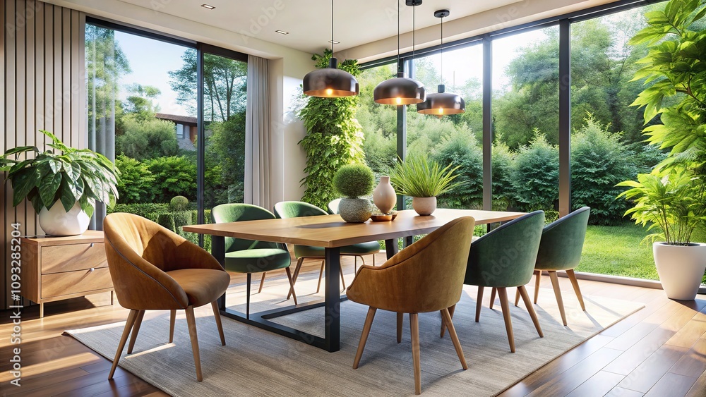 Fototapeta premium Modern Dining Room AI Photography, Modern Chair, Plant Vase, Interior Design
