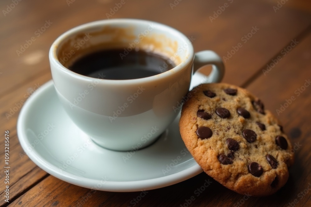 Cup of coffee and chocolate chip cookie on wooden table Cup of coffee and chocolate chip cookie on wooden table