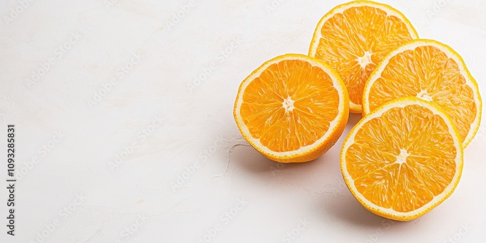 Fototapeta premium Freshly sliced oranges arranged beautifully on a light background.