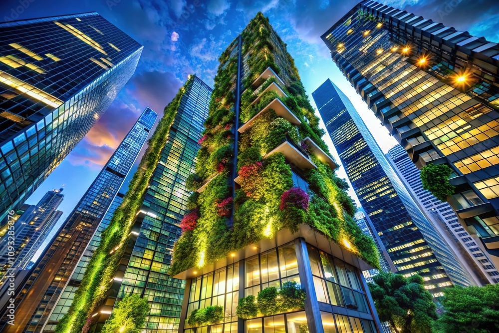 Modern Skyscraper Vertical Gardens Night Photography Modern Skyscraper Vertical Gardens Night Photography