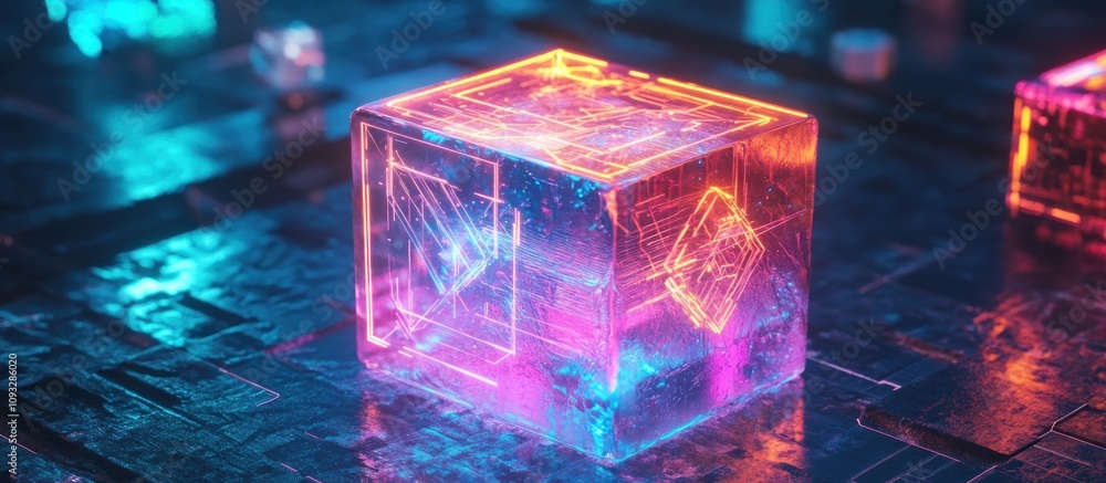 Glowing neon cube on futuristic surface. Glowing neon cube on futuristic surface.