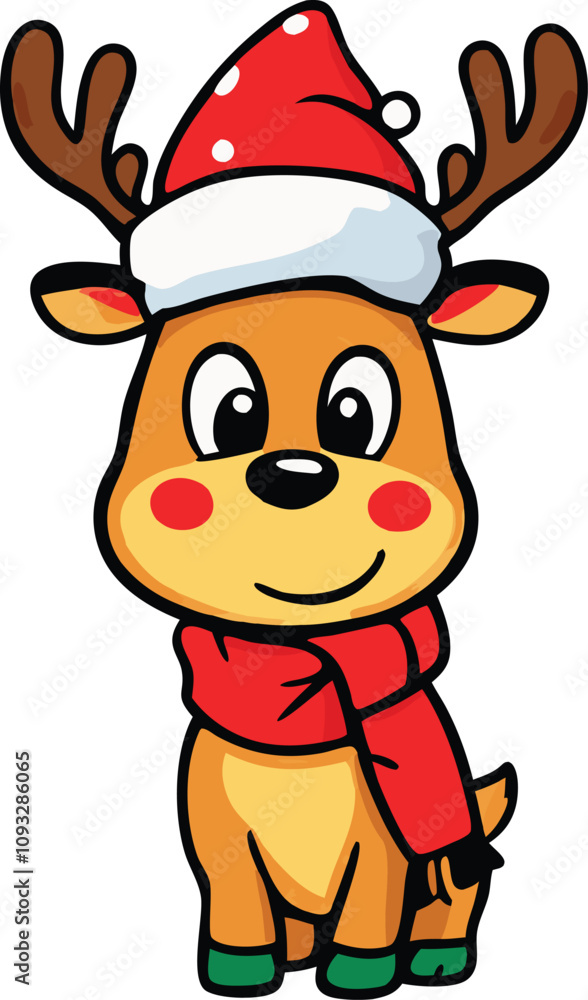 Deer Vector design with Outline of A cute Jingle the Reindeer wearing a Santa clause hat and scarf on white background Deer Vector design with Outline of A cute Jingle the Reindeer wearing a Santa clause hat and scarf on white background