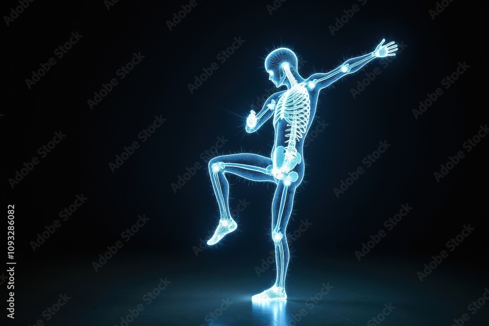 Illuminated human skeleton in dynamic pose against dark background Illuminated human skeleton in dynamic pose against dark background