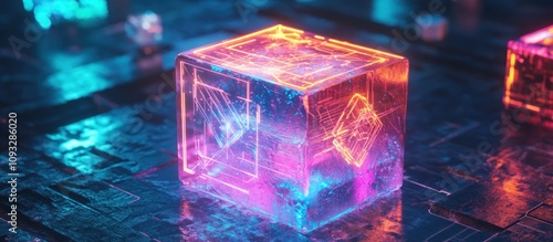 Glowing neon cube on futuristic surface.