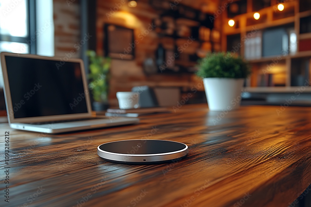 A round wireless charger lies on a wooden desk in a modern office A round wireless charger lies on a wooden desk in a modern office