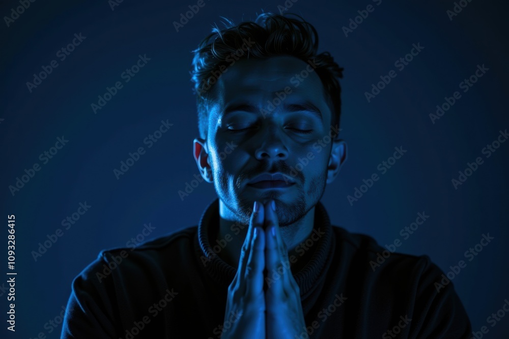 Man meditating in blue light with hands clasped in prayer Man meditating in blue light with hands clasped in prayer