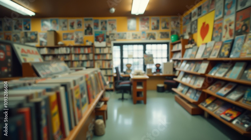 Wallpaper Mural Vintage bookstore with comics, wooden shelves and a cozy atmosphere, blurred image Torontodigital.ca