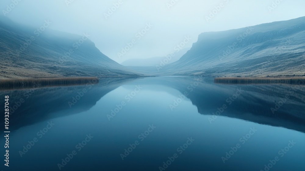 Serene Dawn at a Secluded Mountain Lake with Mist Shrouding the Landscape, Capturing a Dreamlike Atmosphere in Tranquil Beauty Serene Dawn at a Secluded Mountain Lake with Mist Shrouding the Landscape, Capturing a Dreamlike Atmosphere in Tranquil Beauty