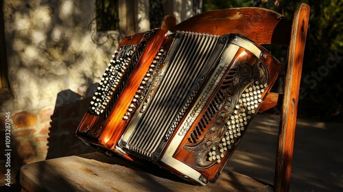 Vintage accordion rests on wooden chair outdoors in dappled sunlight.