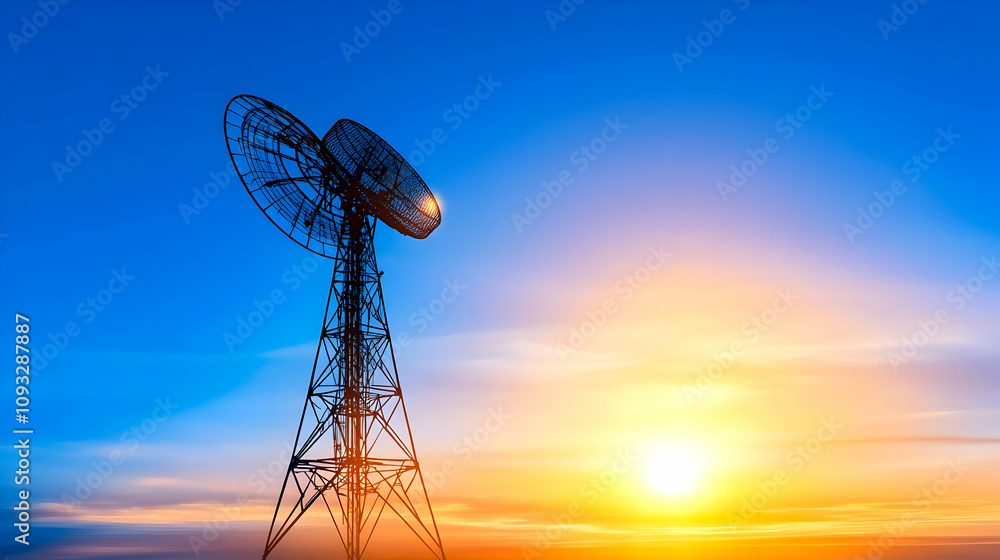Silhouette of an abstract telecommunication tower antenna and satellite dish at sunset sky background Silhouette of an abstract telecommunication tower antenna and satellite dish at sunset sky background