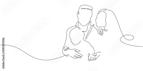 Vector one line art illustration of family portret. Lineart mother, father and toddler