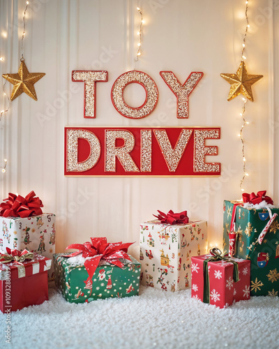 Toy Drive holiday setup with Christmas presents, glittering stars, and festive seasonal decor photo