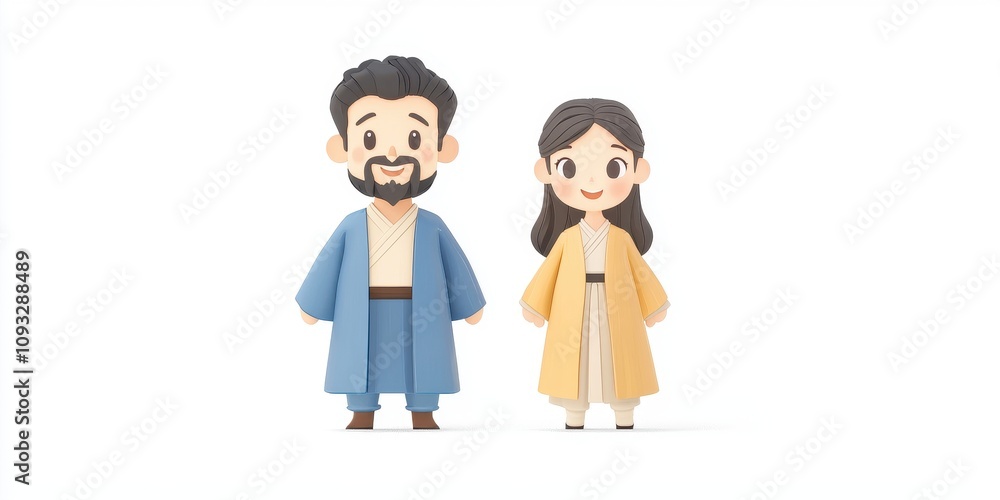 Obraz premium Two cartoon characters in traditional attire, symbolizing cultural heritage and diversity.